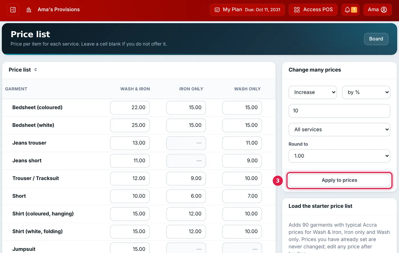 Change many prices set to increase all services by 10%, rounded to 1.00, with Apply to prices outlined