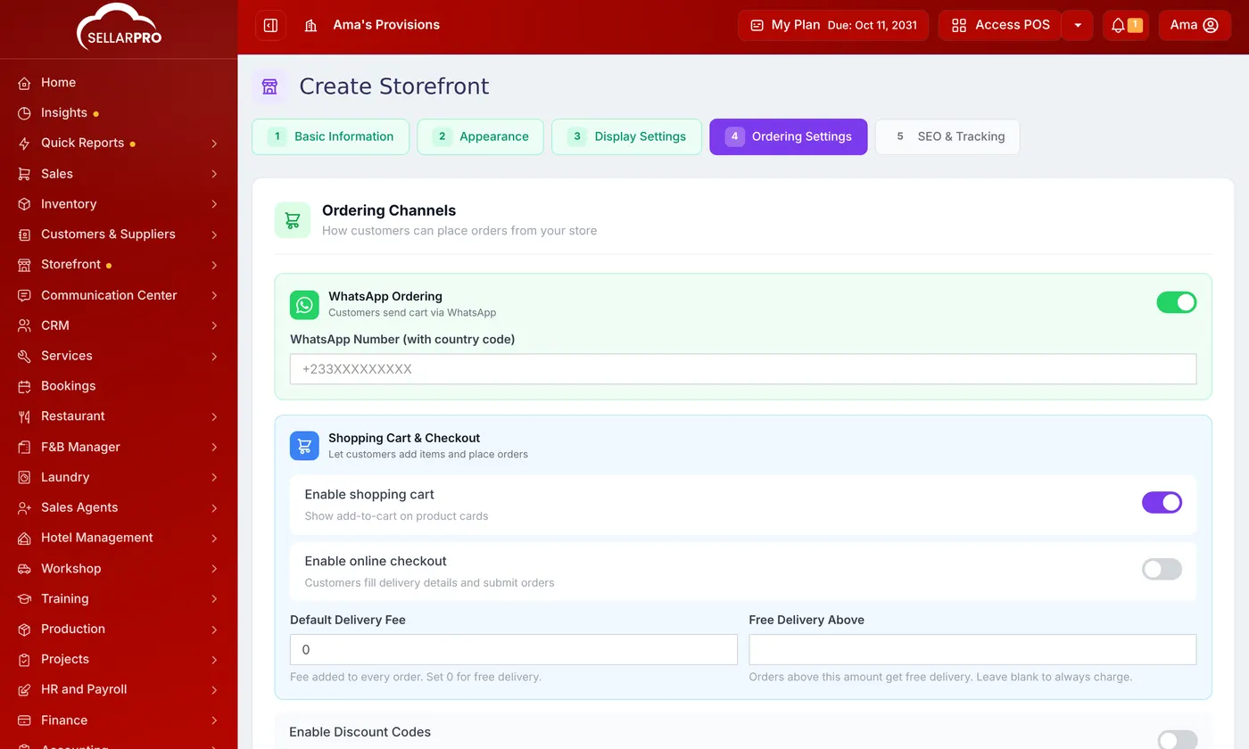 Create Storefront step 4, Ordering Settings, with WhatsApp Ordering, Enable shopping cart, Enable online checkout and the delivery fees