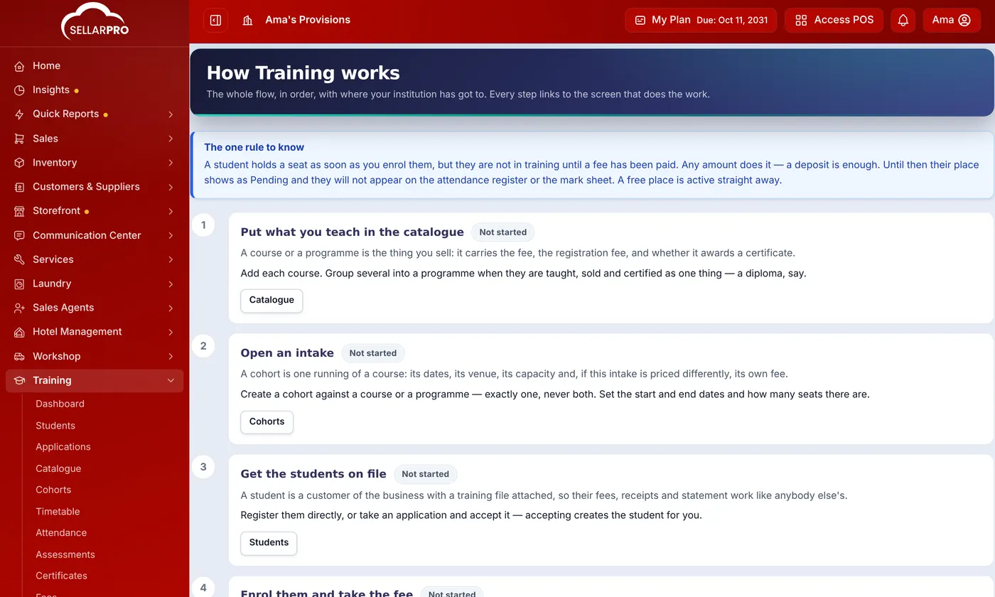 Training's How it works page listing the steps in order, each with its status and a button to the screen that does it
