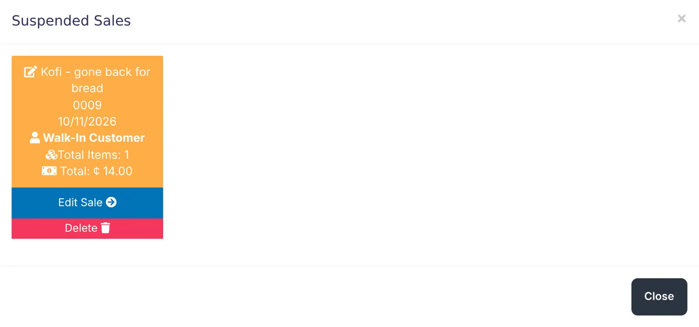The suspended sales window showing a parked sale