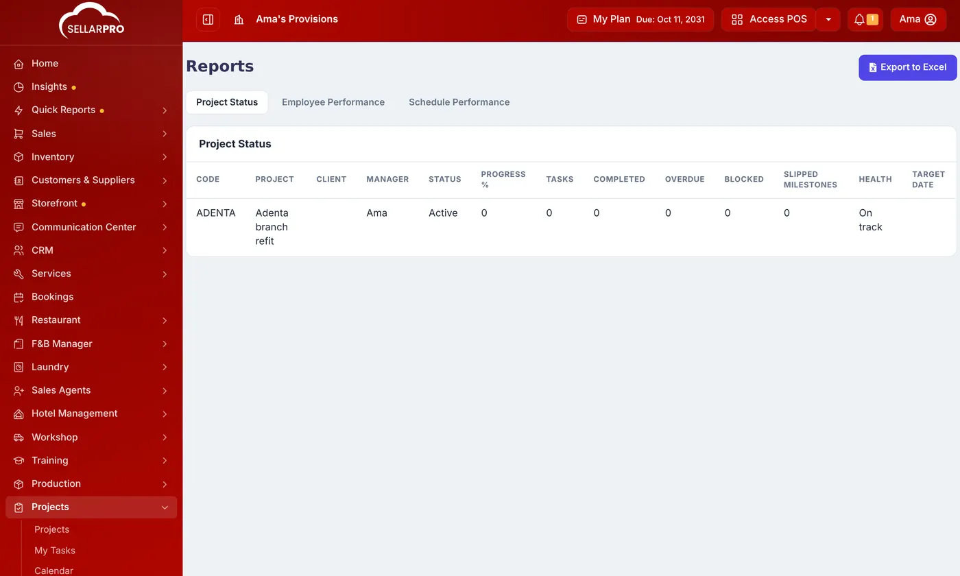 Projects Reports on the Project Status tab, listing a project with its progress, task counts and health