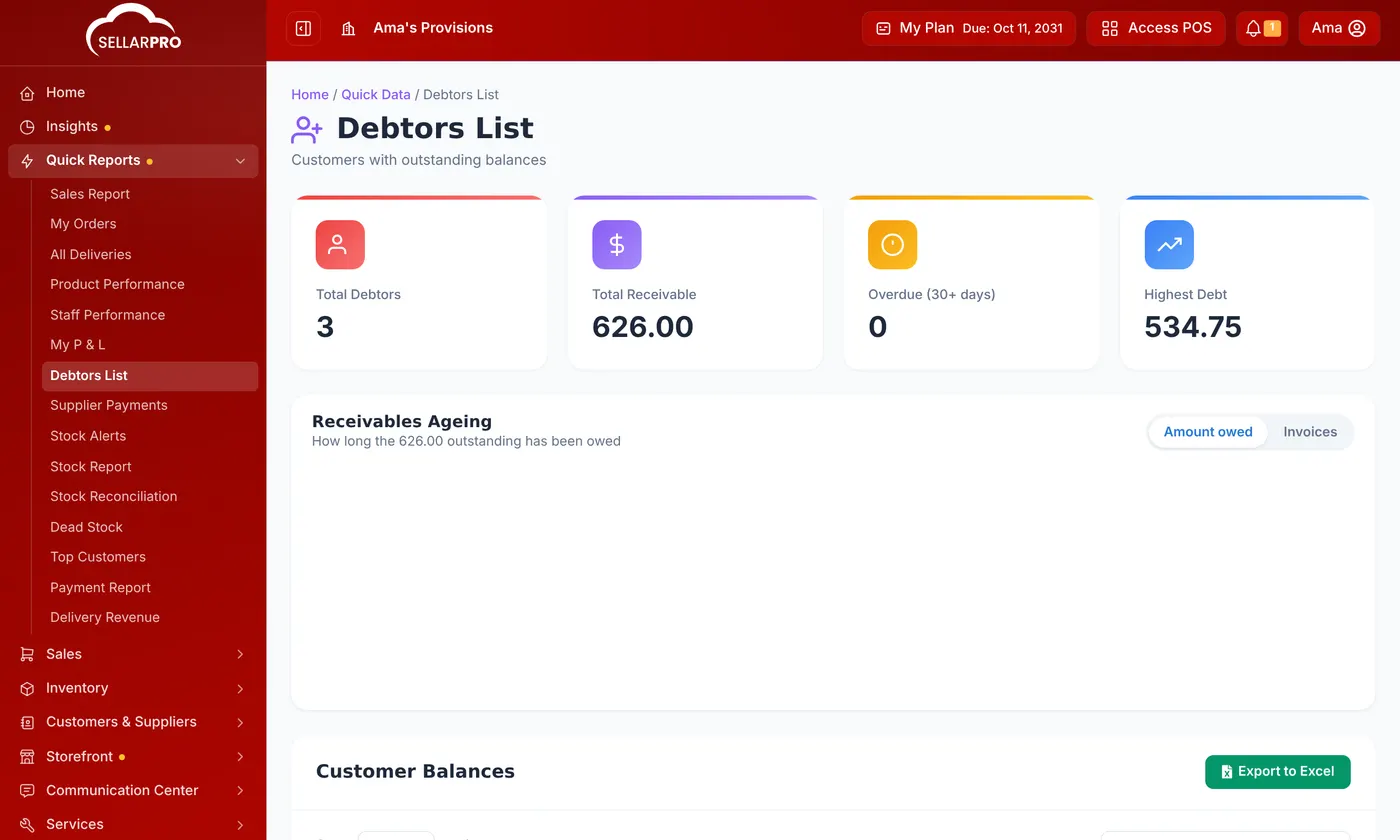 The Debtors List quick report with its location filter and the customers who owe money