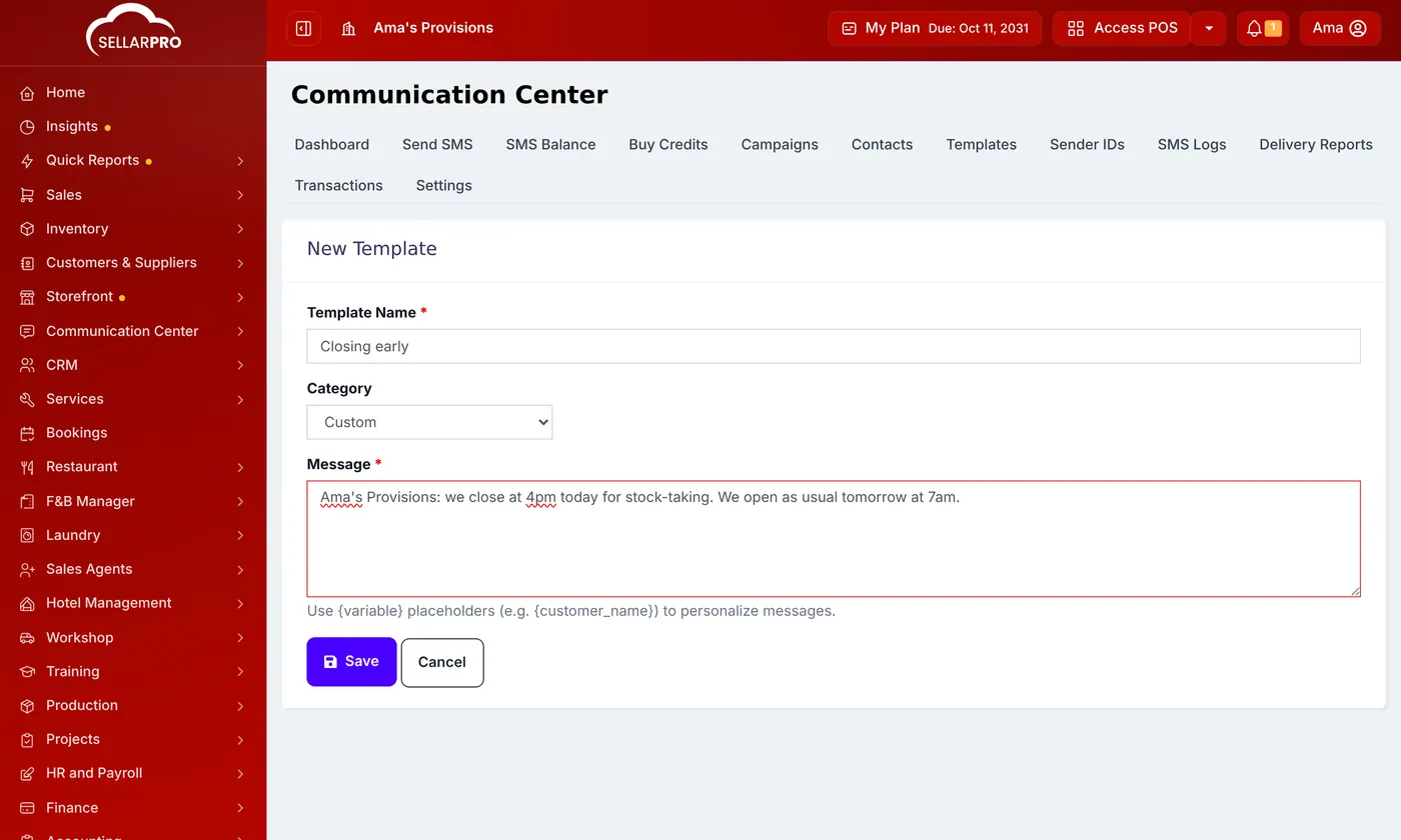 The New Template form with Template Name, Category and Message