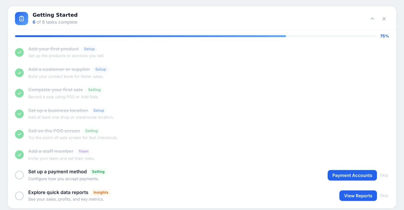 The Getting Started checklist on the home page, six of eight tasks complete, with Payment Accounts and View Reports buttons on the two left