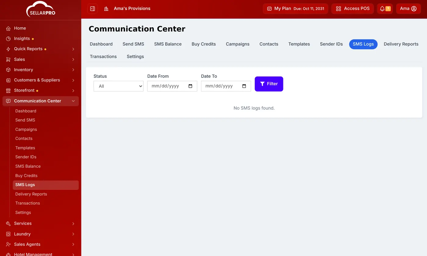 SMS Logs in the Communication Center with the Status filter: All, Queued, Sent, Delivered, Failed and Rejected